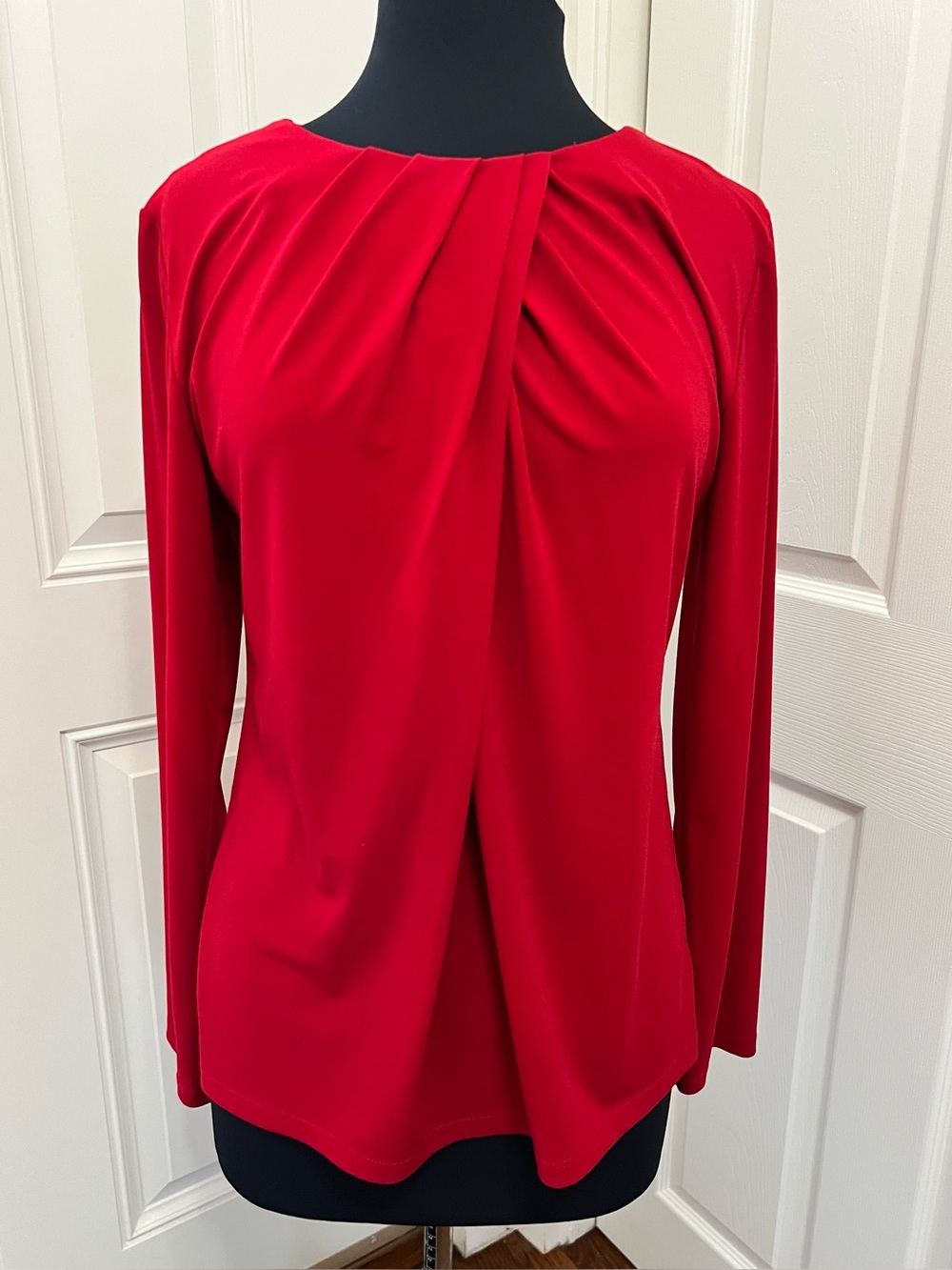 Talbots Women's Red Long-Sleeve Pleated Neckline Blouse